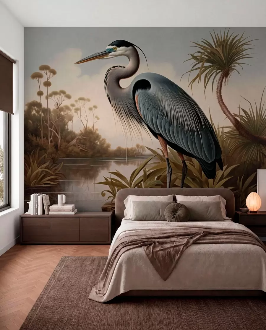 wall murals Heron by water among plants on the shore w05572