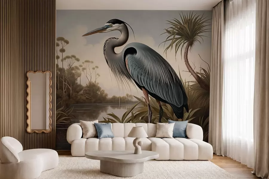wall murals Heron by water among plants on the shore w05572