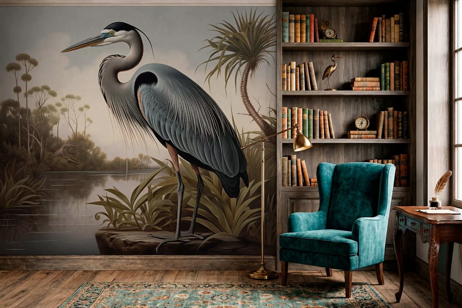 wall murals Heron by water among plants on the shore w05572