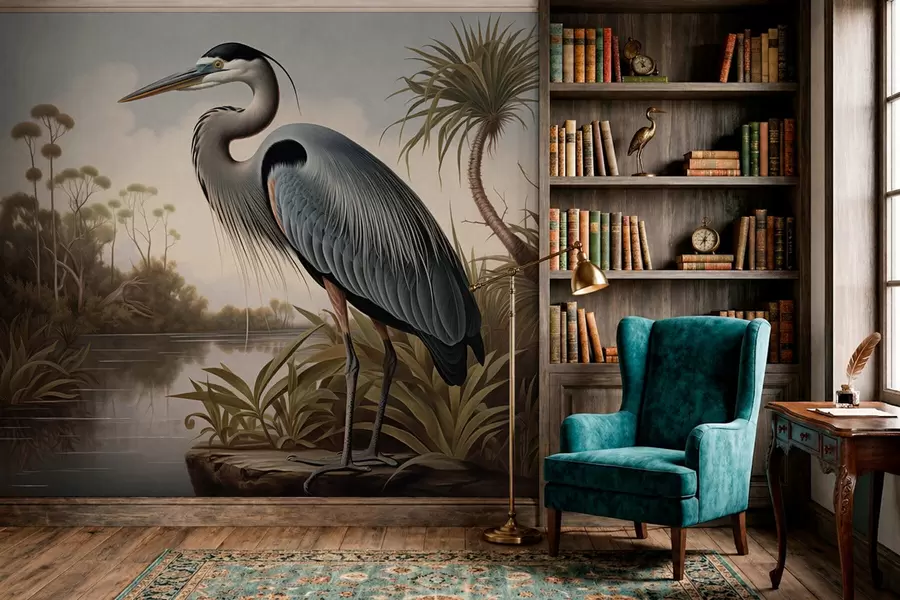 wall murals Heron by water among plants on the shore w05572