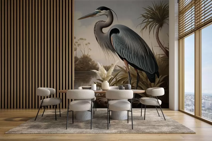wall murals Heron by water among plants on the shore w05572