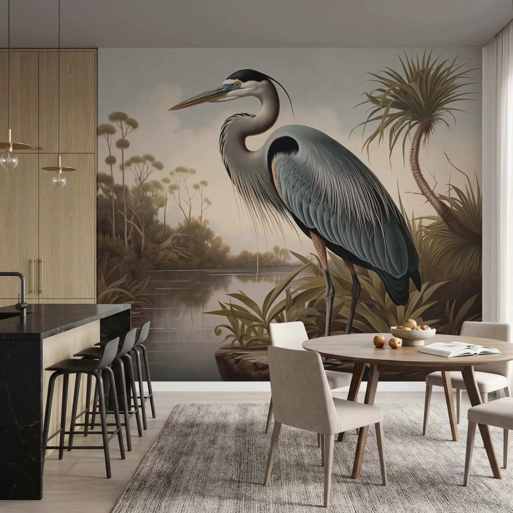 wall murals Heron by water among plants on the shore w05572