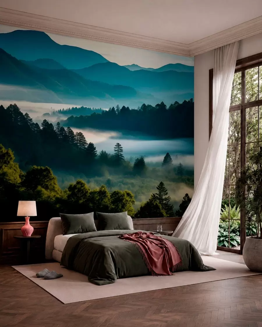 wall murals Mountain landscape with mist and forests at dawn w05573
