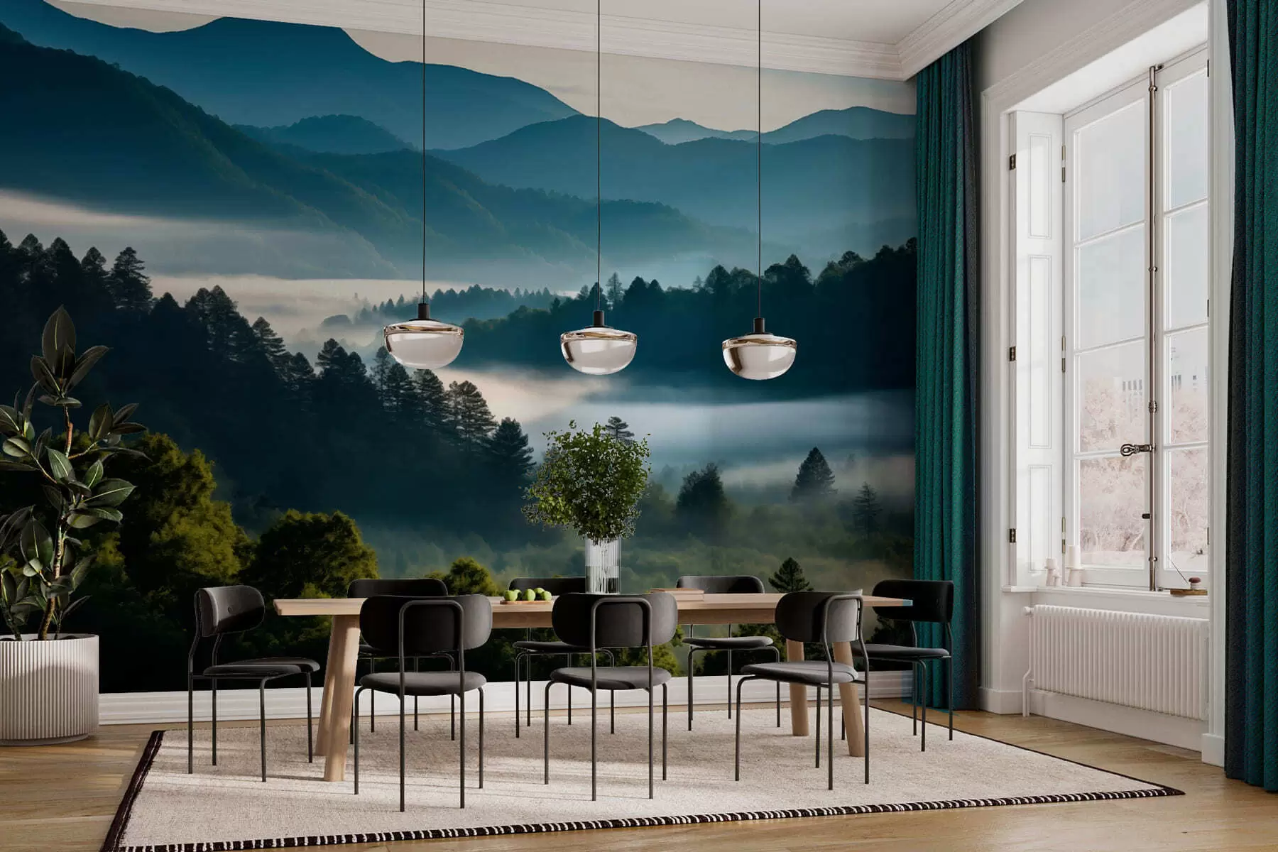 wall murals Mountain landscape with mist and forests at dawn w05573