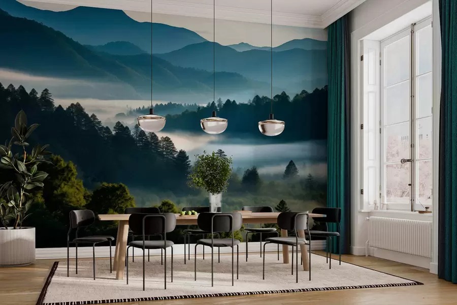 wall murals Mountain landscape with mist and forests at dawn w05573