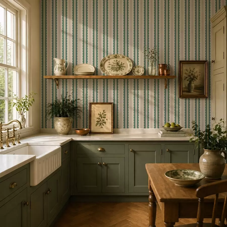wall murals Green wavy stripes with dotted lines a01185