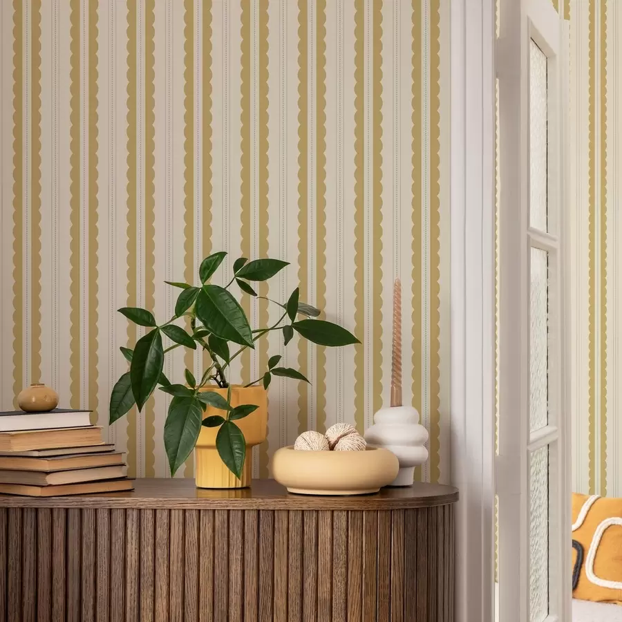 wall murals Yellow wavy stripes with gray-blue dots a01185v4
