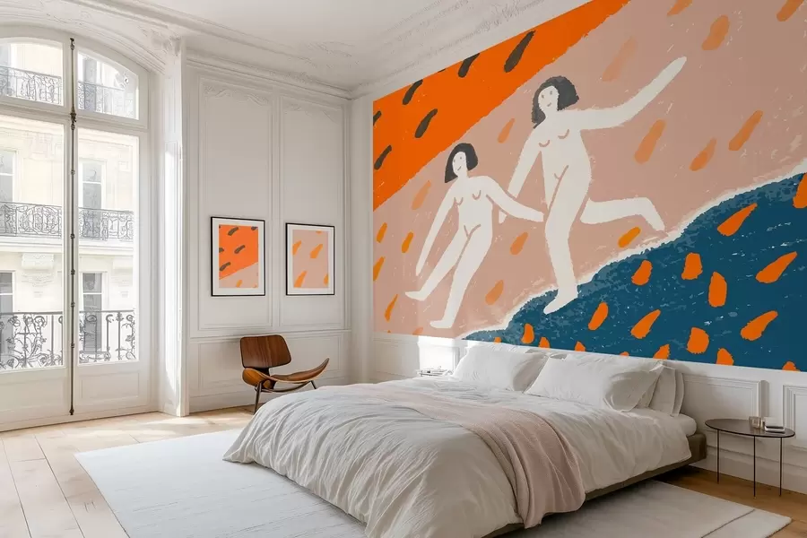 wall murals contemporary art: two women running along the coast w05564