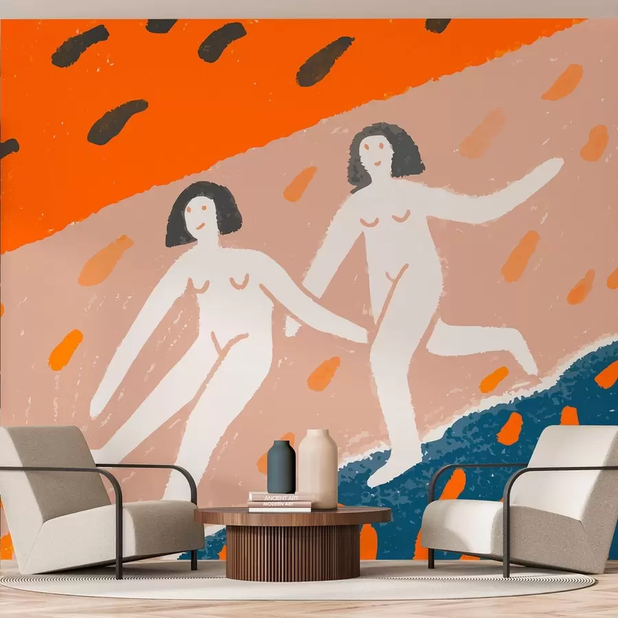 wall murals contemporary art: two women running along the coast w05564