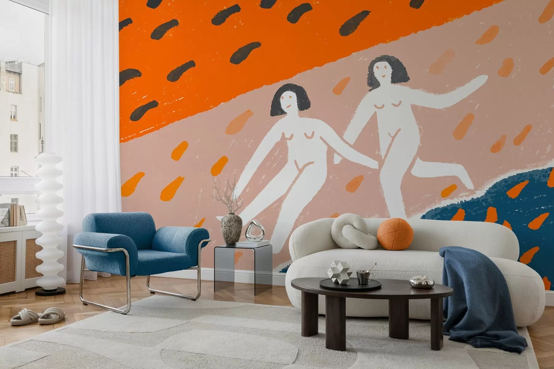 wall murals contemporary art: two women running along the coast w05564