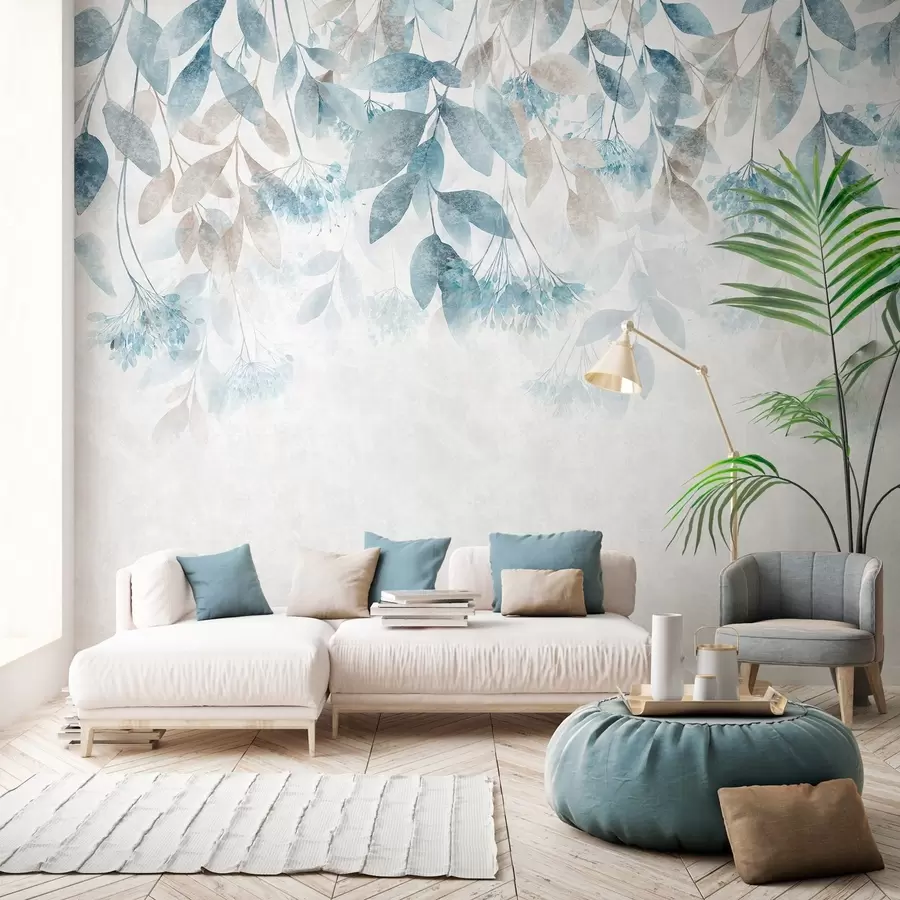 wall murals textured, cascading leaves with flowers in shades of turquoise and beige w05565