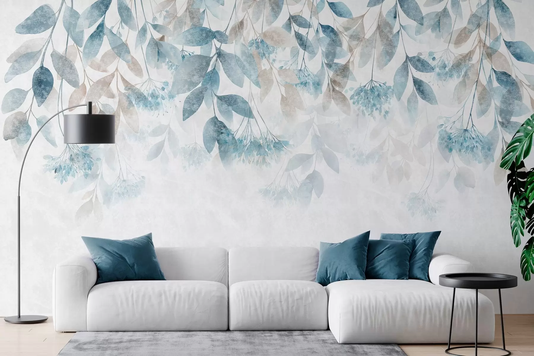wall murals textured, cascading leaves with flowers in shades of turquoise and beige w05565