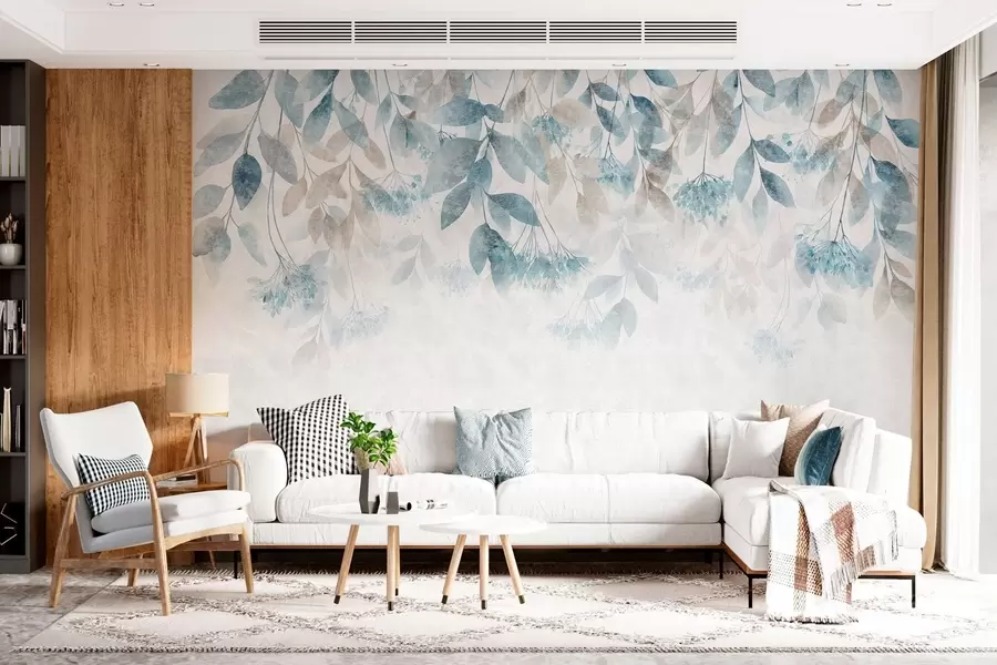 wall murals textured, cascading leaves with flowers in shades of turquoise and beige w05565