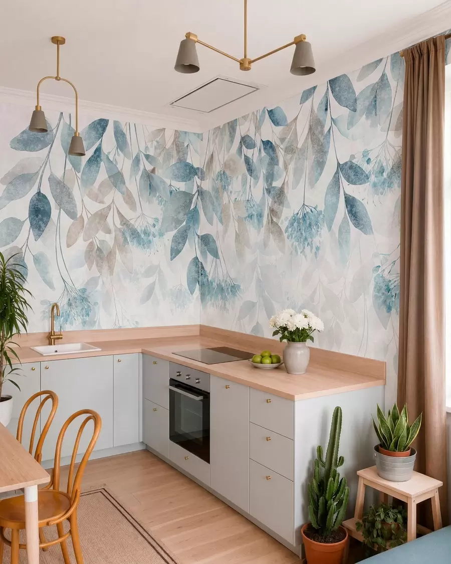 wall murals textured, cascading leaves with flowers in shades of turquoise and beige w05565