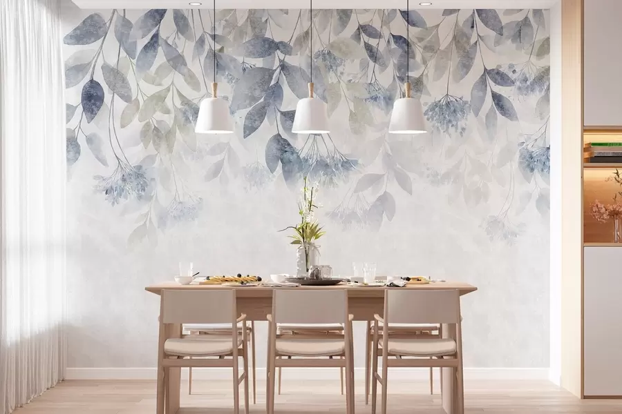 wall murals textured, cascading leaves with flowers in shades of blue and beige w05565v1