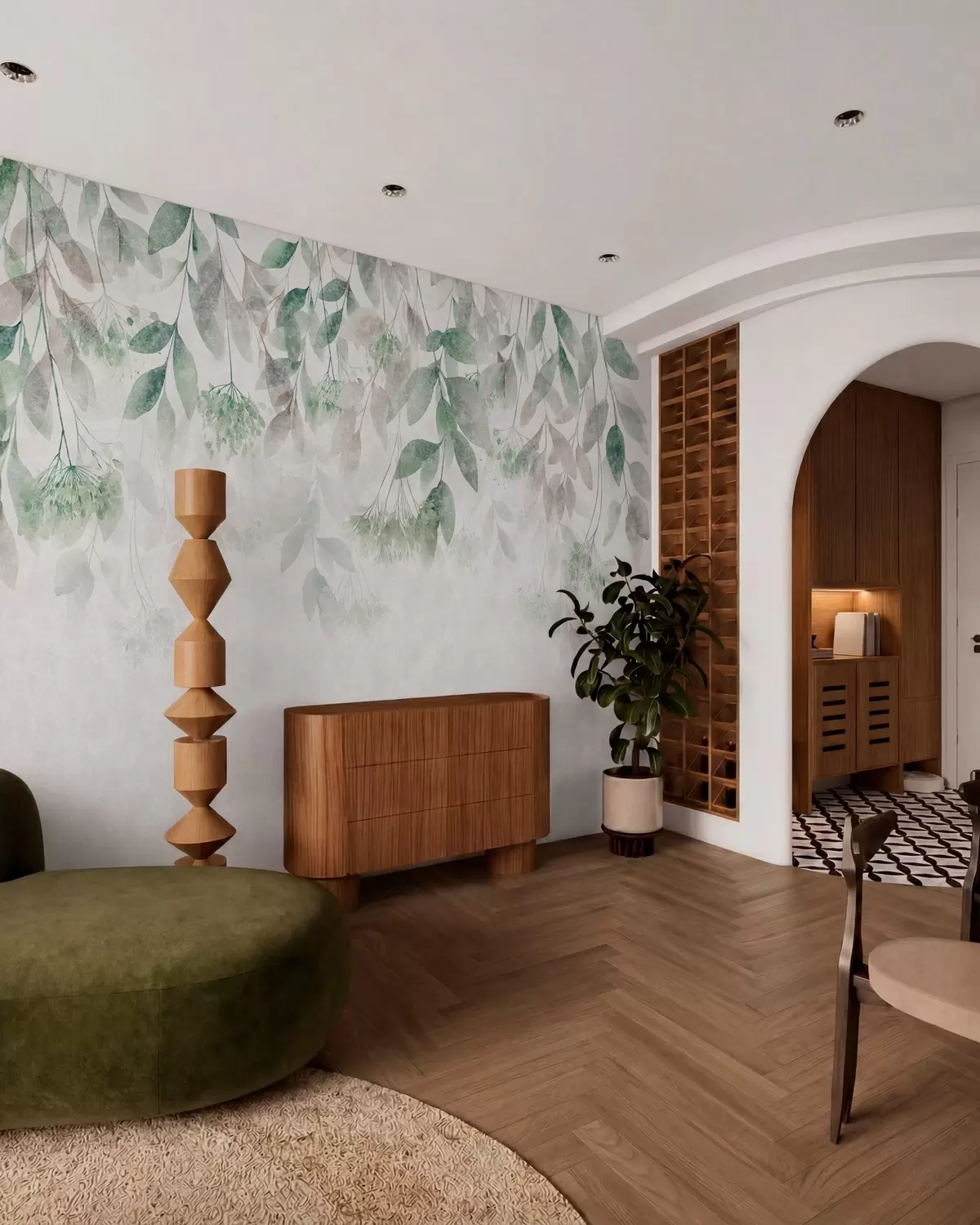 wall murals textured, cascading leaves with flowers in shades of green and beige w05565v2