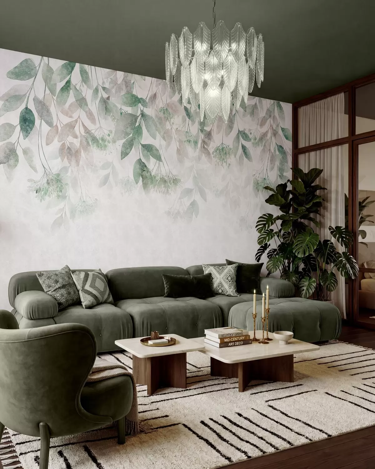 wall murals textured, cascading leaves with flowers in shades of green and beige w05565v2