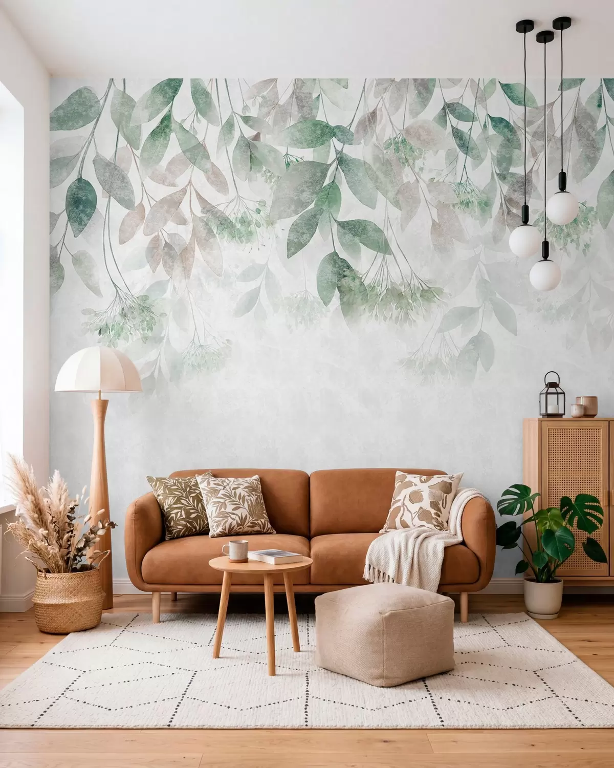 wall murals textured, cascading leaves with flowers in shades of green and beige w05565v2