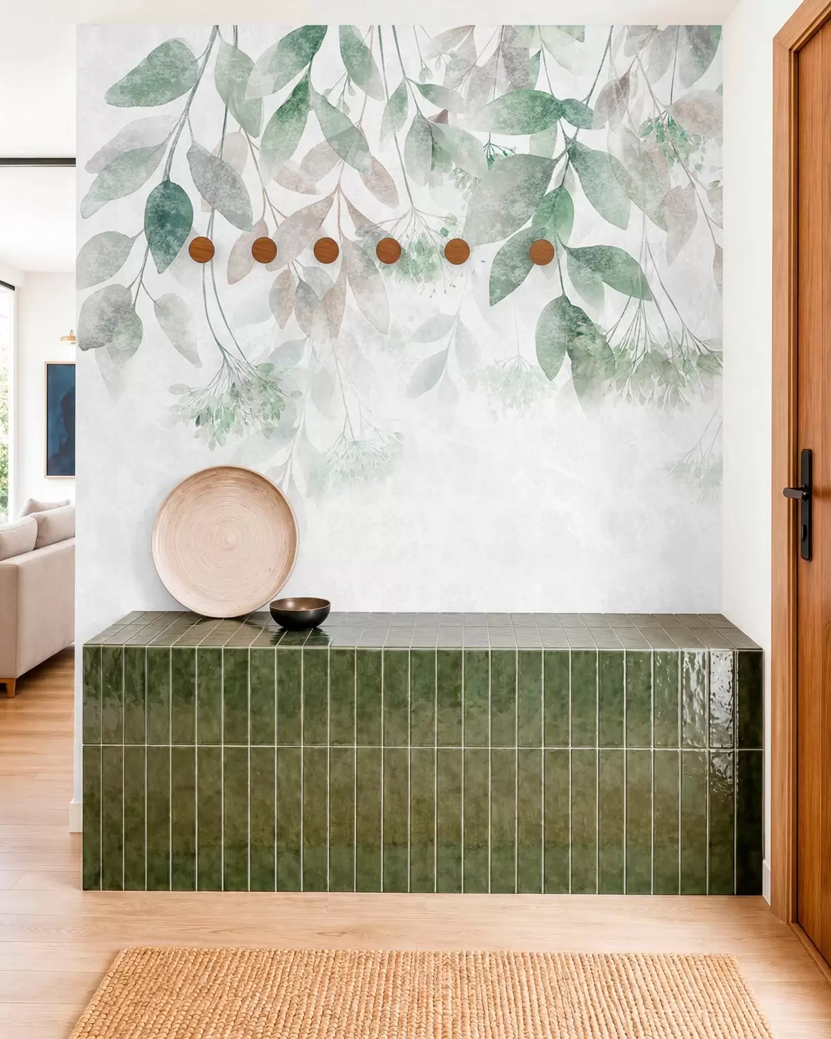 wall murals textured, cascading leaves with flowers in shades of green and beige w05565v2