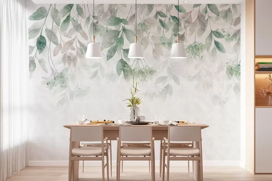 wall murals textured, cascading leaves with flowers in shades of green and beige w05565v2