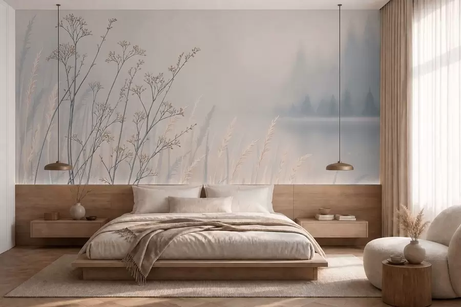 wall murals Meadow grasses by water in misty landscape w05534