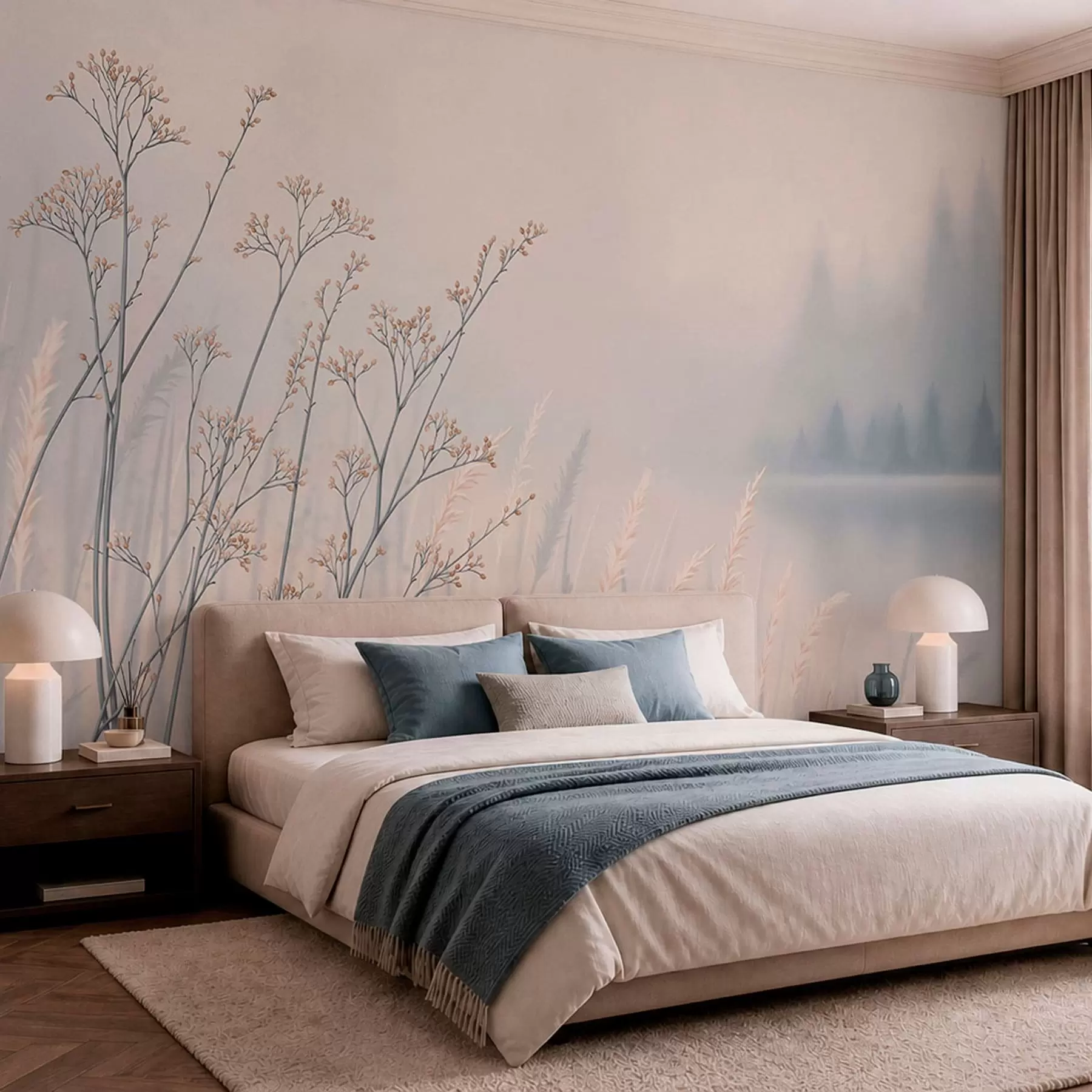 wall murals Meadow grasses by water in misty landscape w05534