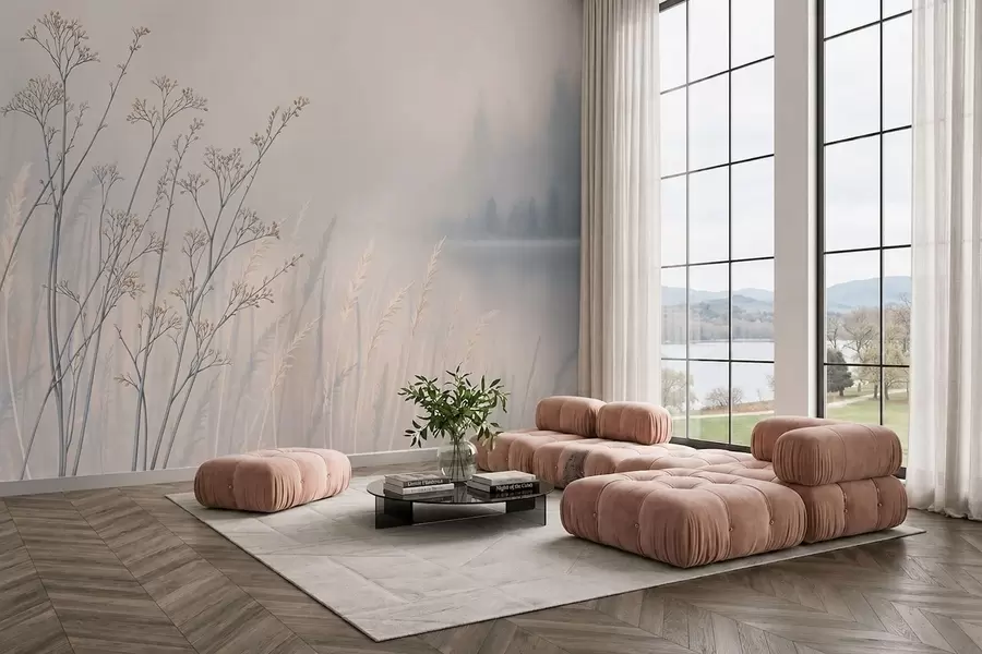 wall murals Meadow grasses by water in misty landscape w05534