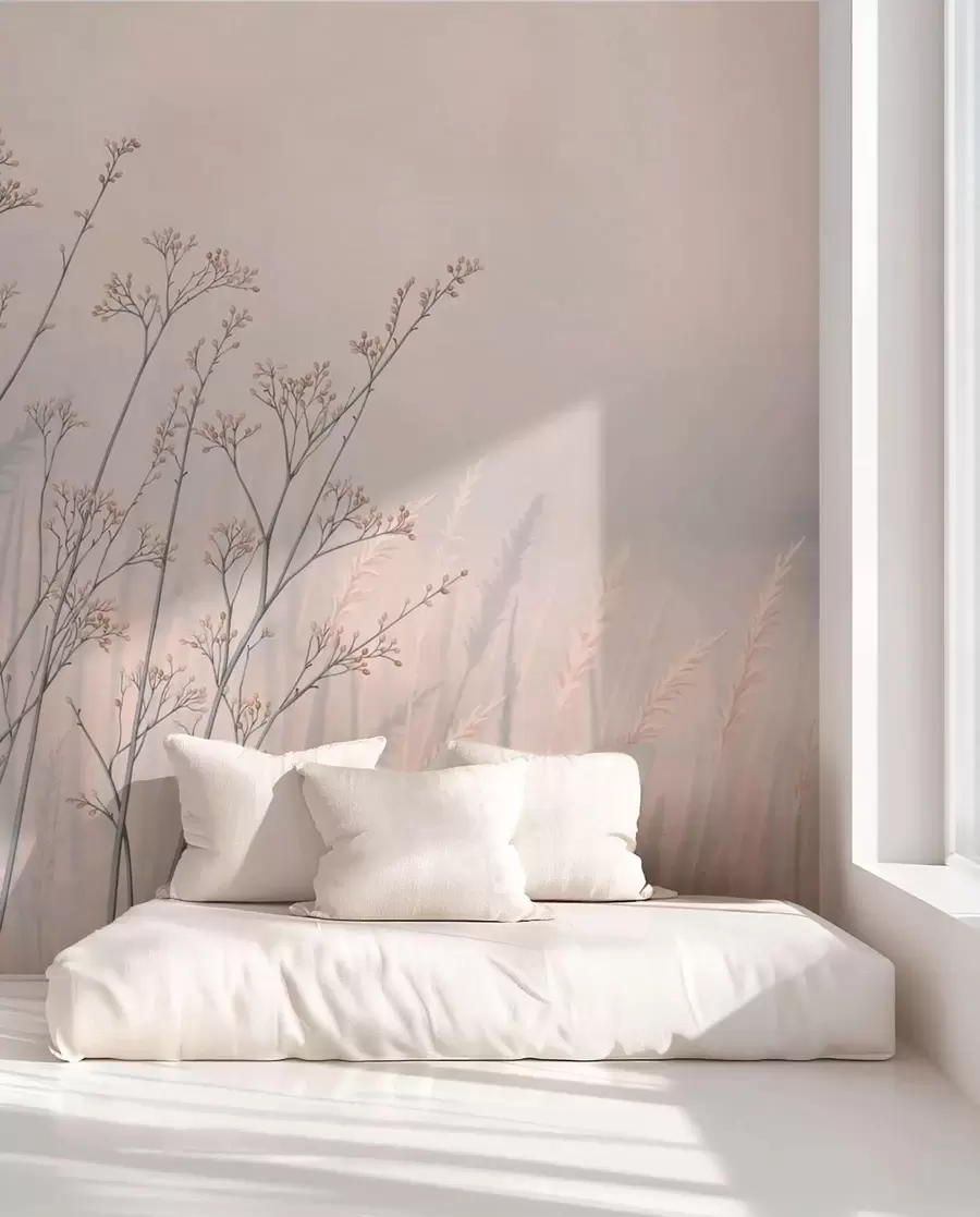 wall murals Meadow grasses by water in misty landscape w05534