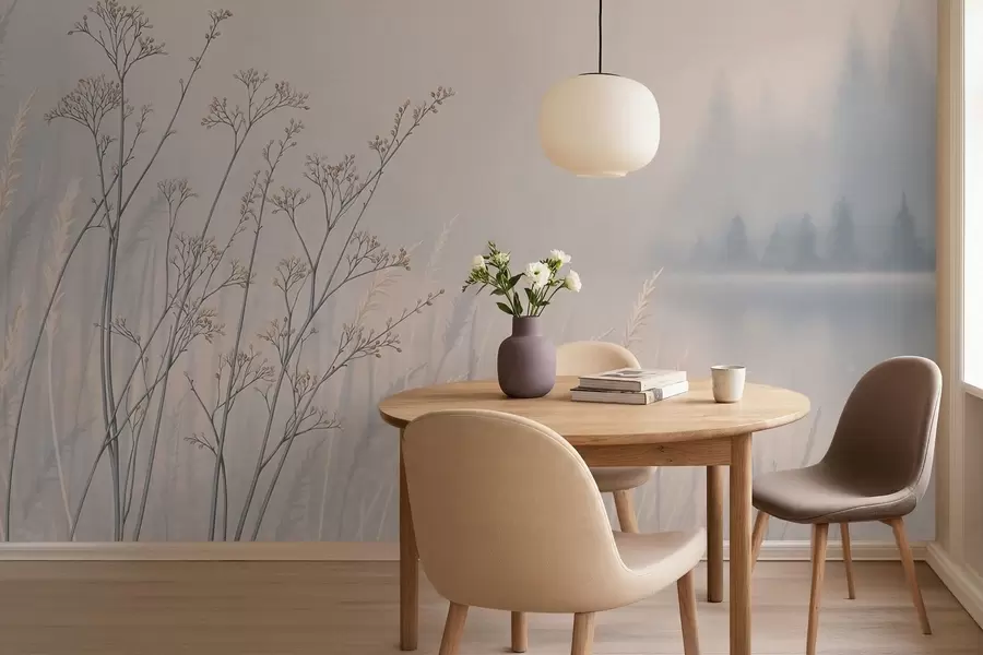 wall murals Meadow grasses by water in misty landscape w05534