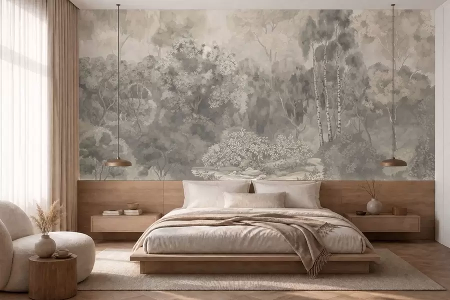 wall murals Light-toned forest landscape with river w05542
