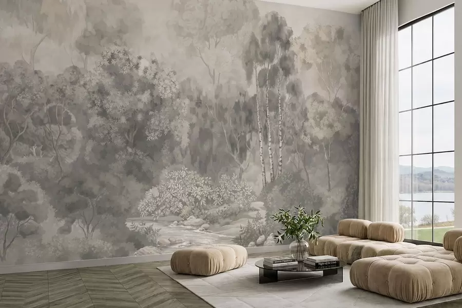 wall murals Light-toned forest landscape with river w05542
