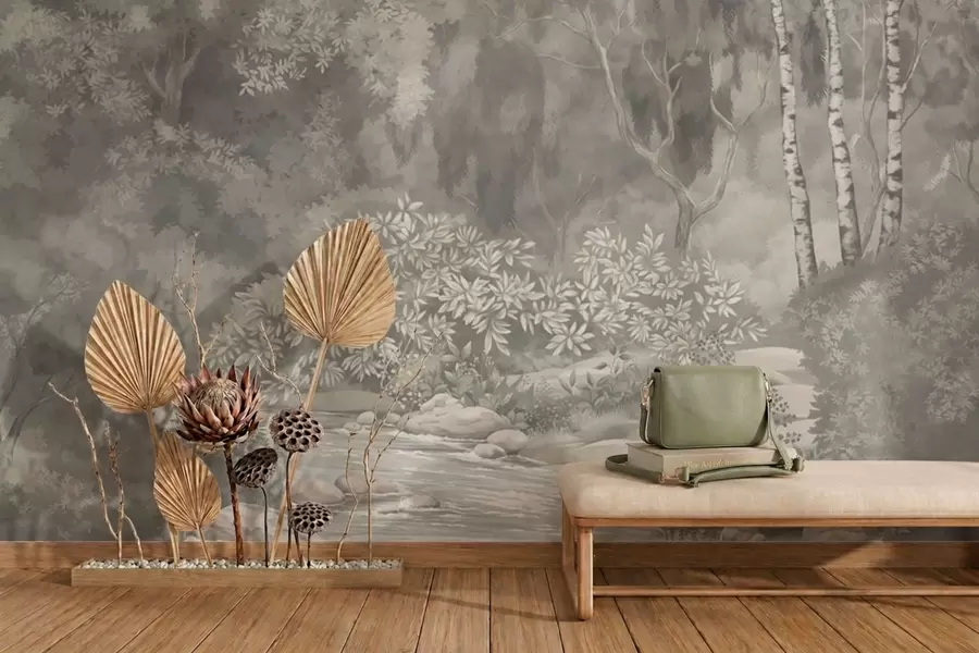 wall murals Light-toned forest landscape with river w05542