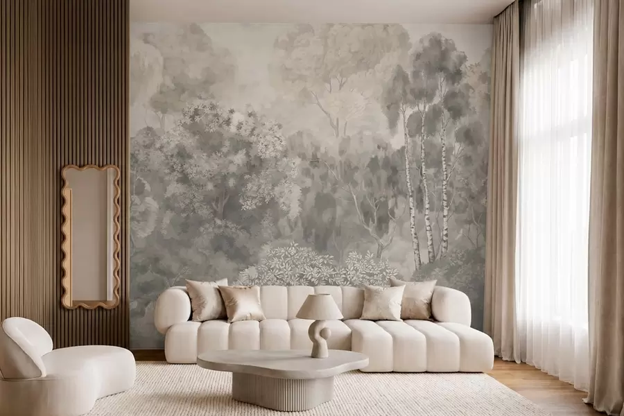 wall murals Light-toned forest landscape with river w05542