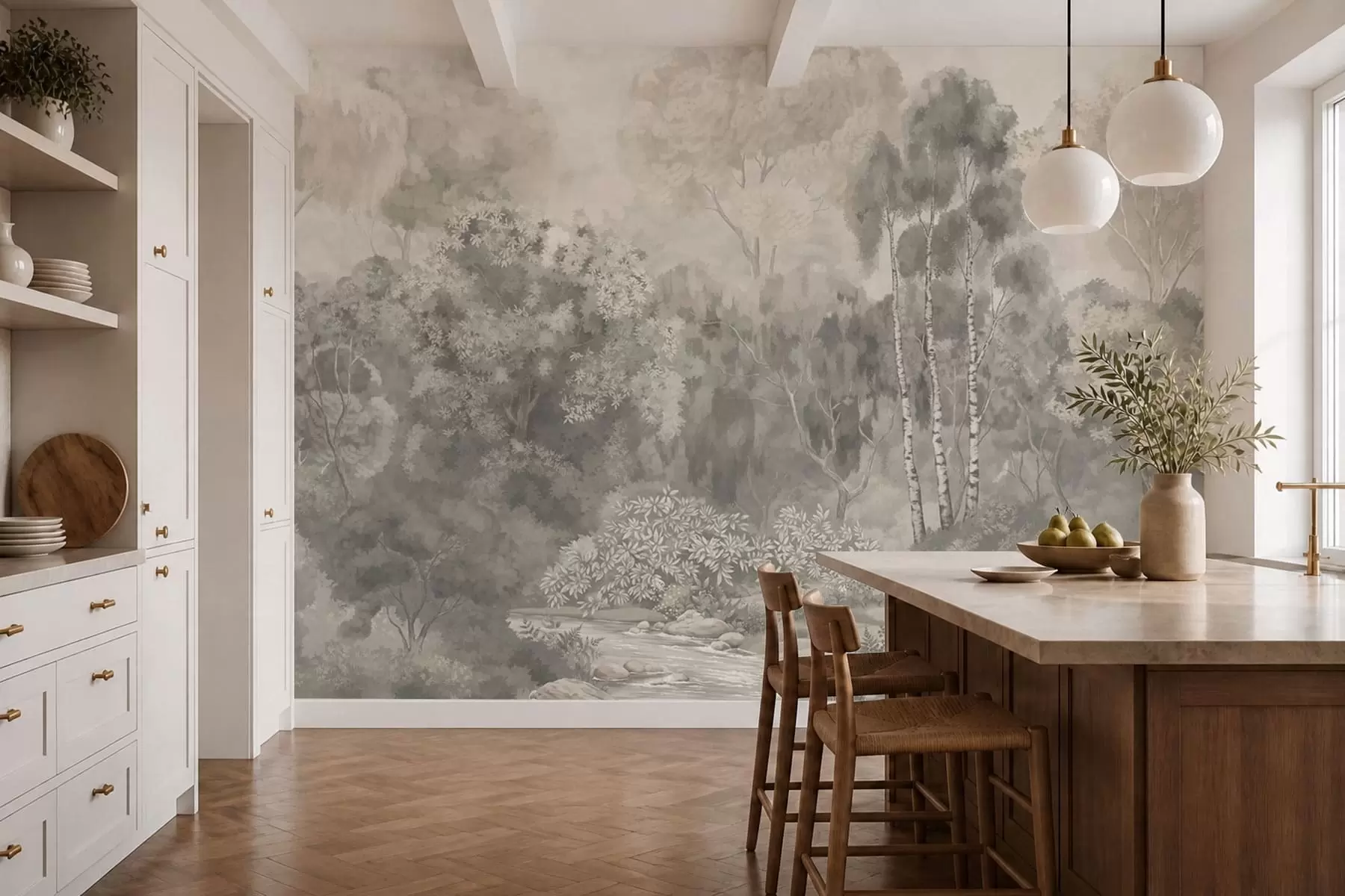 wall murals Light-toned forest landscape with river w05542