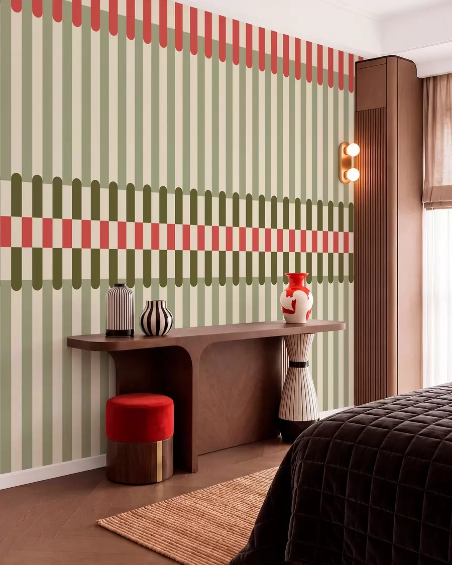 wall murals Striped pattern in green and coral tones w05150v4