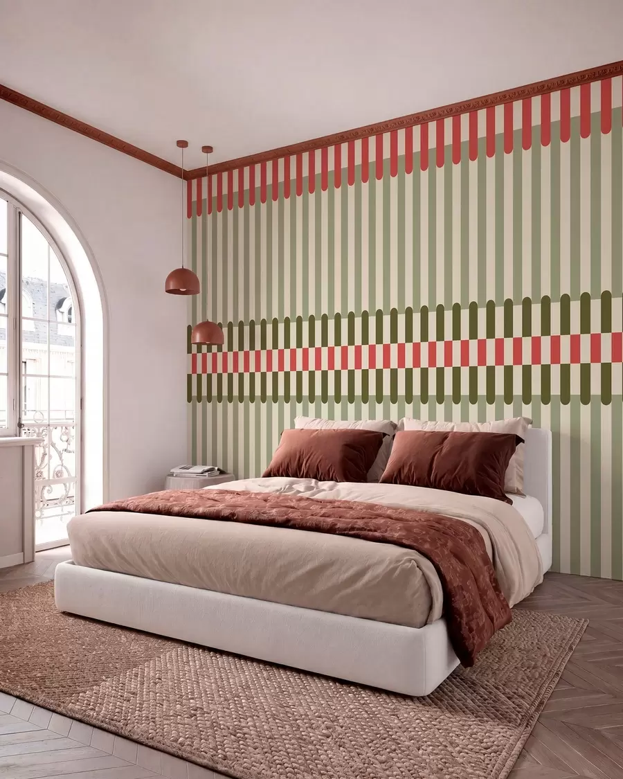 wall murals Striped pattern in green and coral tones w05150v4