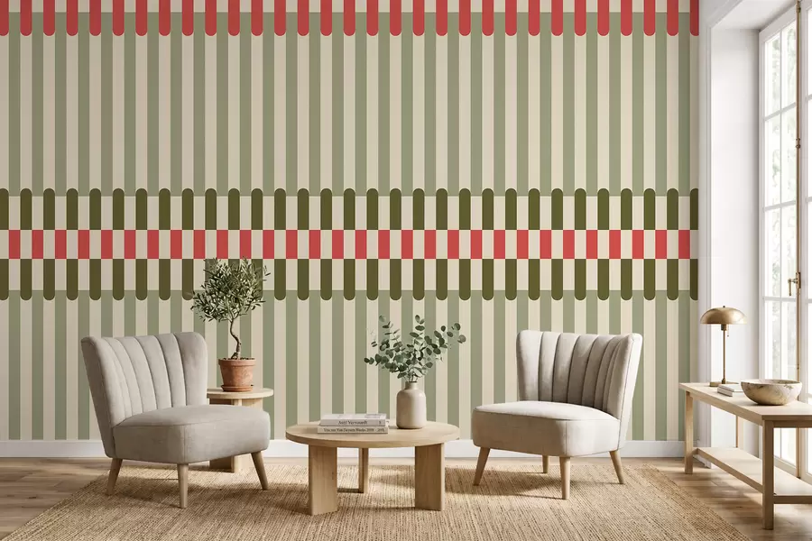 wall murals Striped pattern in green and coral tones w05150v4