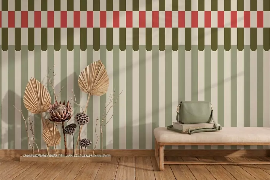 wall murals Striped pattern in green and coral tones w05150v4