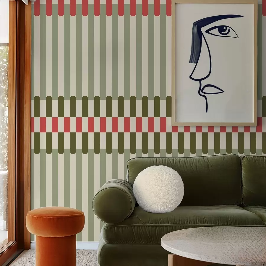 wall murals Striped pattern in green and coral tones w05150v4