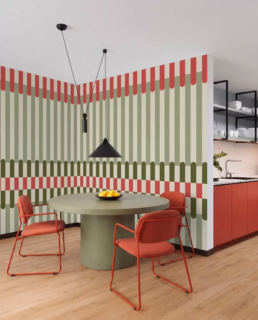 wall murals Striped pattern in green and coral tones w05150v4