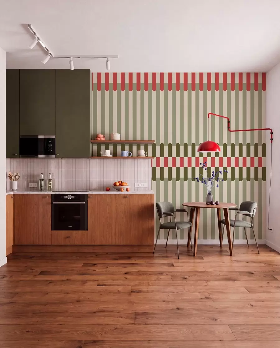 wall murals Striped pattern in green and coral tones w05150v4