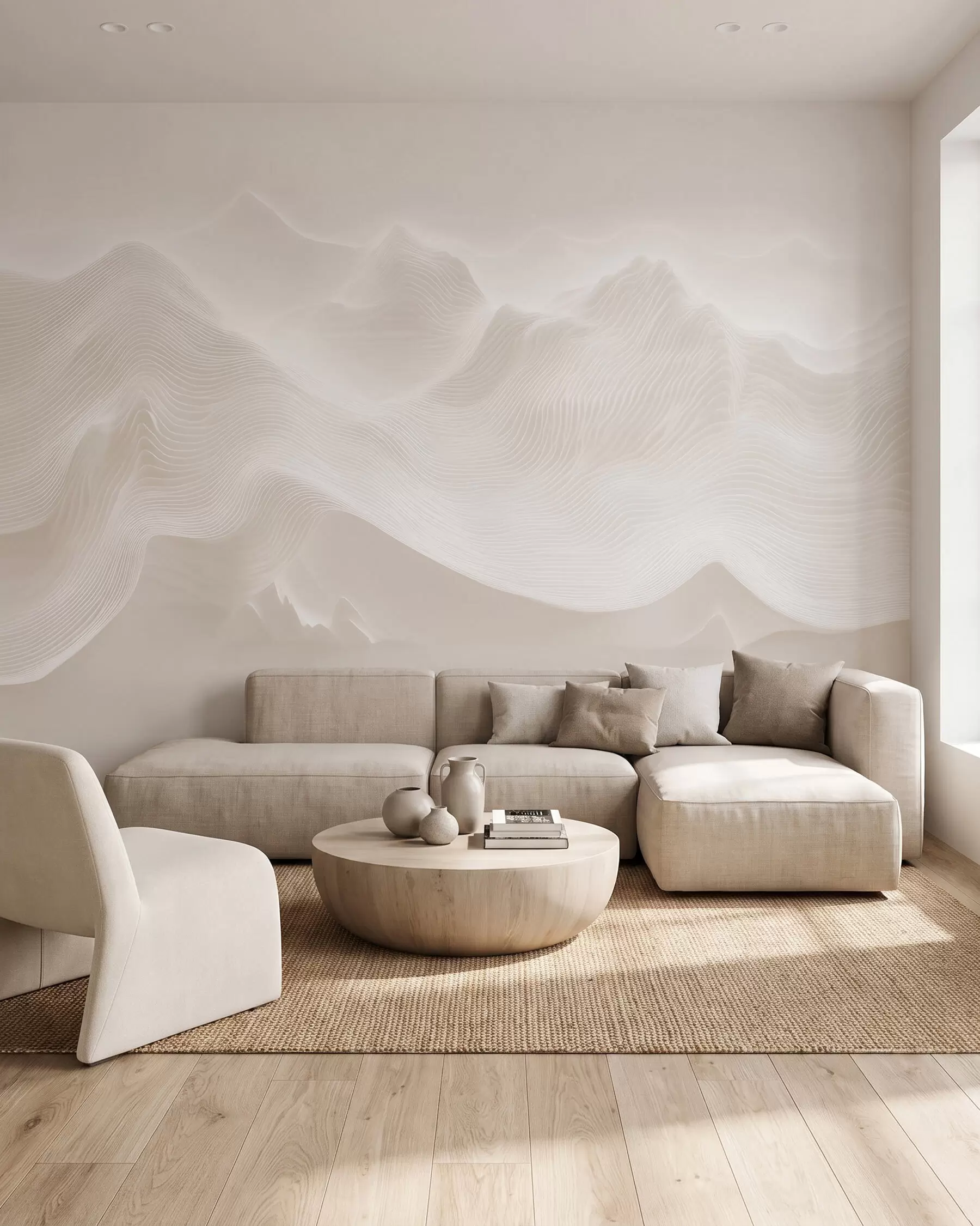 wall murals Abstract wavy mountains in a beige palette in minimalist style w09713