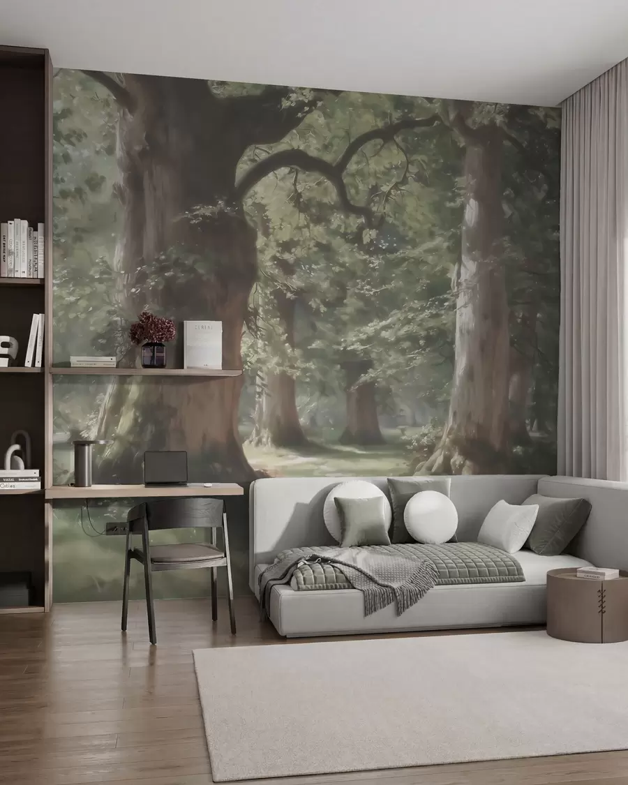 wall murals Fairytale forest landscape in a soft green-beige palette in painting style w09845