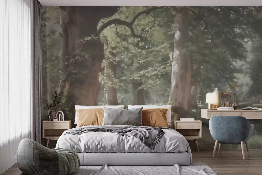 wall murals Fairytale forest landscape in a soft green-beige palette in painting style w09845