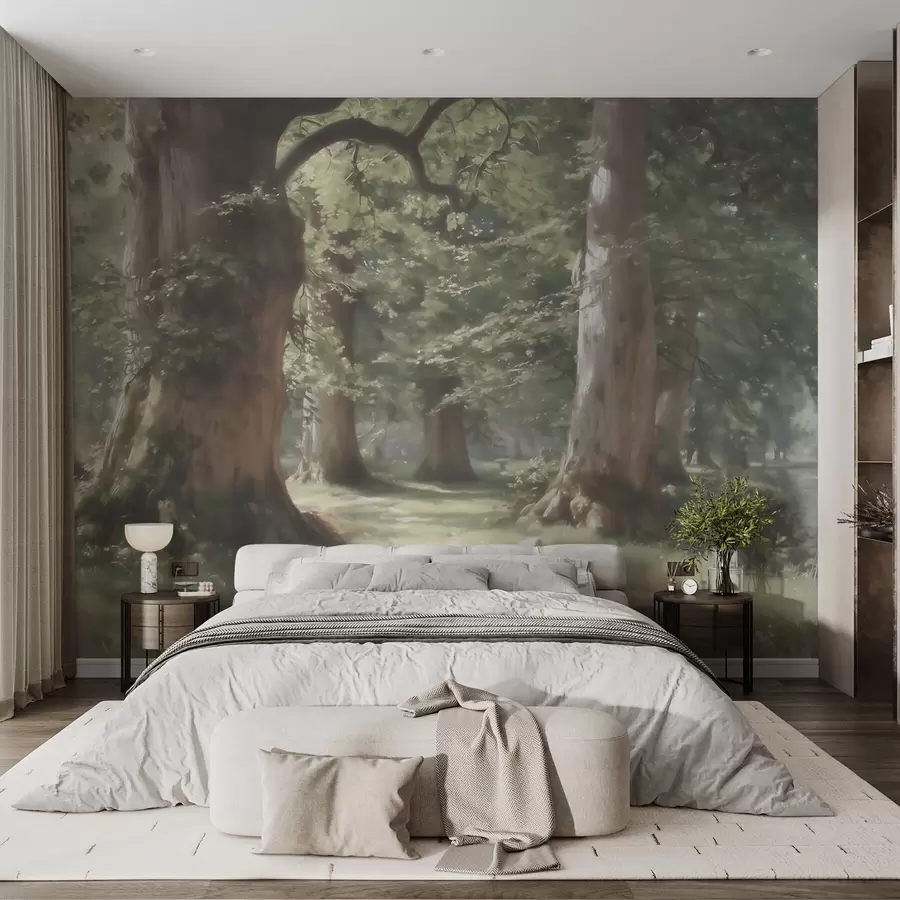 wall murals Fairytale forest landscape in a soft green-beige palette in painting style w09845
