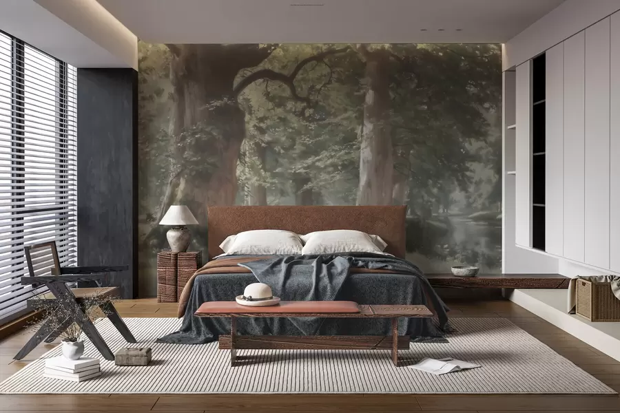 wall murals Fairytale forest landscape in a soft green-beige palette in painting style w09845