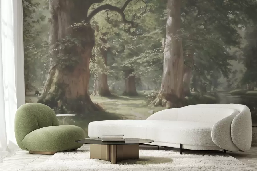 wall murals Fairytale forest landscape in a soft green-beige palette in painting style w09845