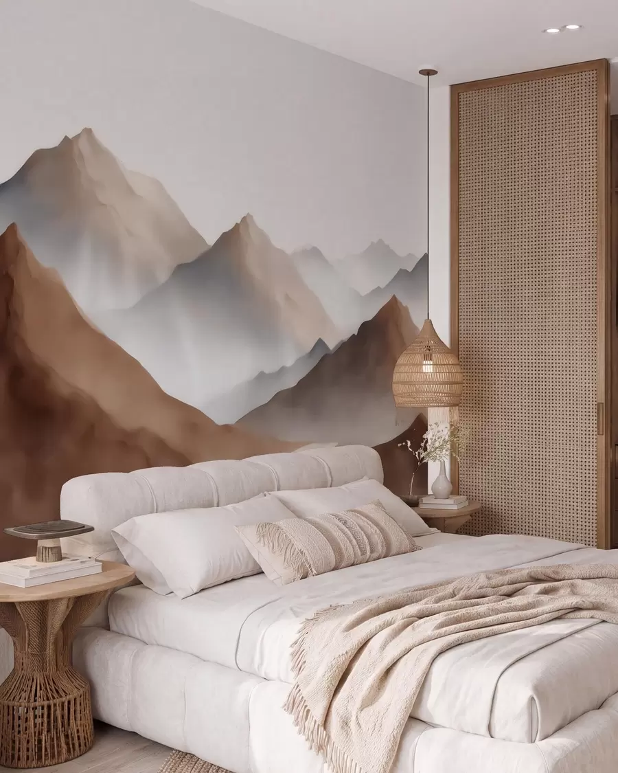 wall murals Misty mountain peaks in a beige-brown palette in watercolor style w09857