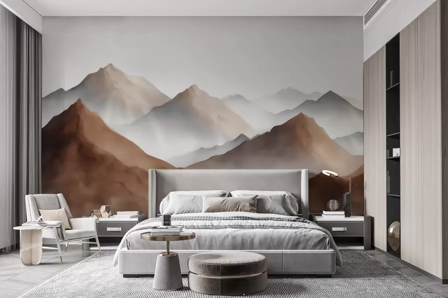 wall murals Misty mountain peaks in a beige-brown palette in watercolor style w09857