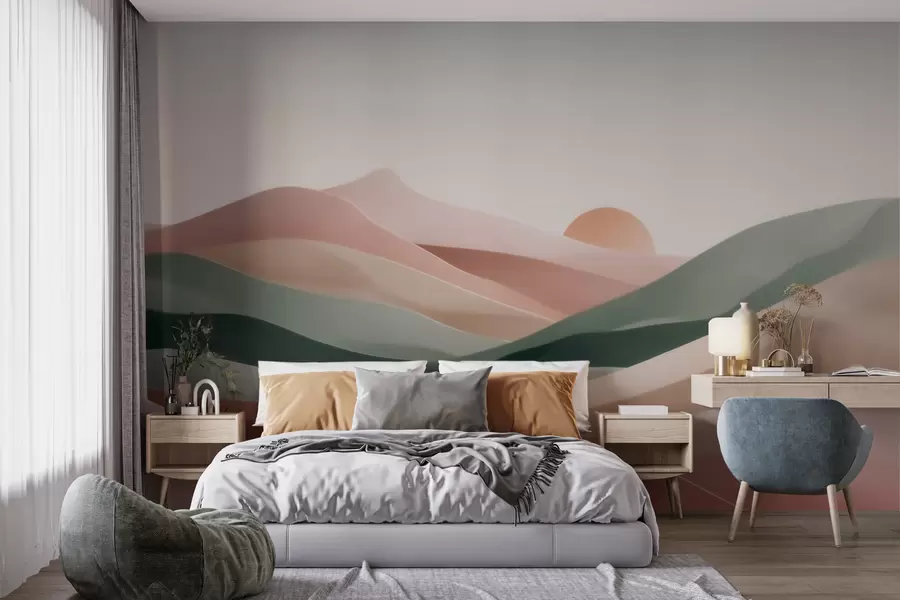 wall murals Abstract desert landscape in a pastel green-pink palette, minimalism w09860